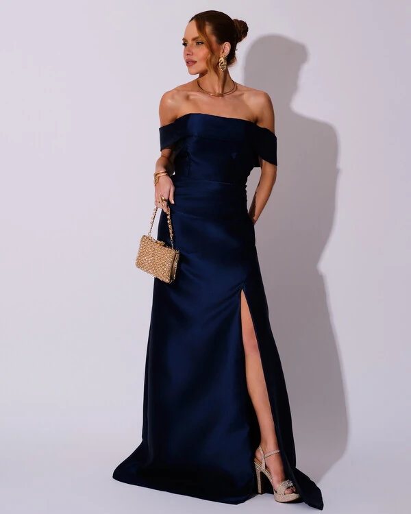 Vestido de Festa Longo Zibeline Ombro a Ombro Drapeado e Fenda Azul Marinho