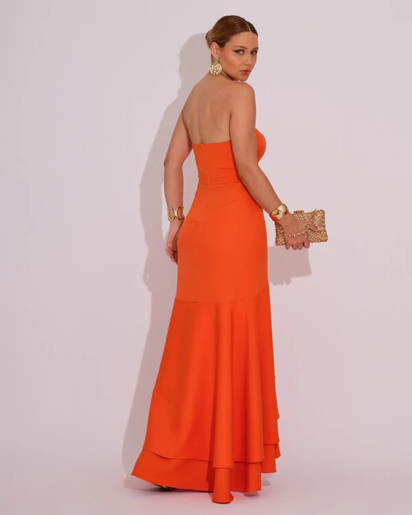 Vestido Longo com Fenda de Babados Alfaiataria Laranja