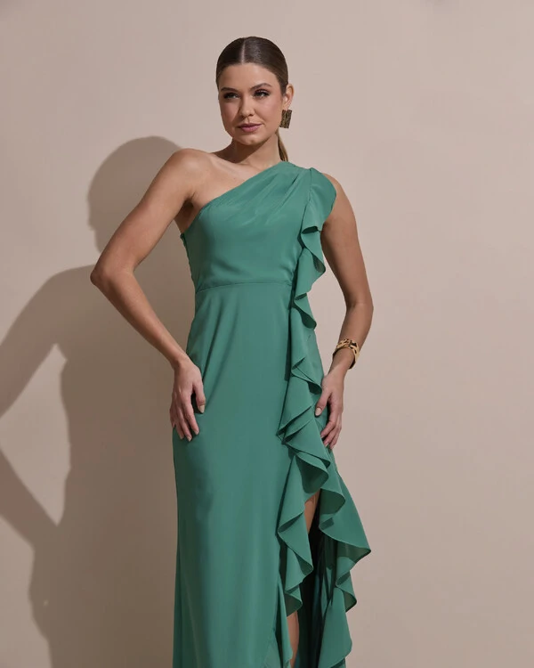 Vestido de Festa Midi Um Ombro Só Crepe Chiffon Babados Cascata Fenda Verde Matcha Escuro