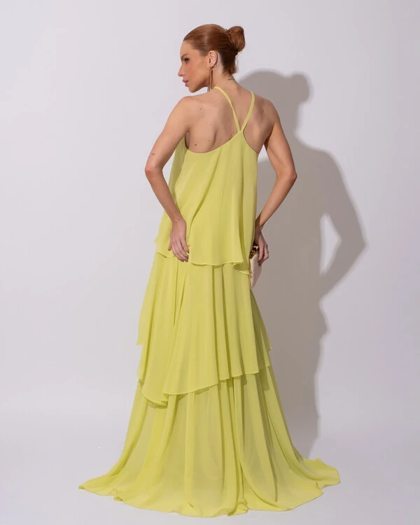 Vestido Longo Crepe Chiffon Babado em Camadas Verde Lima