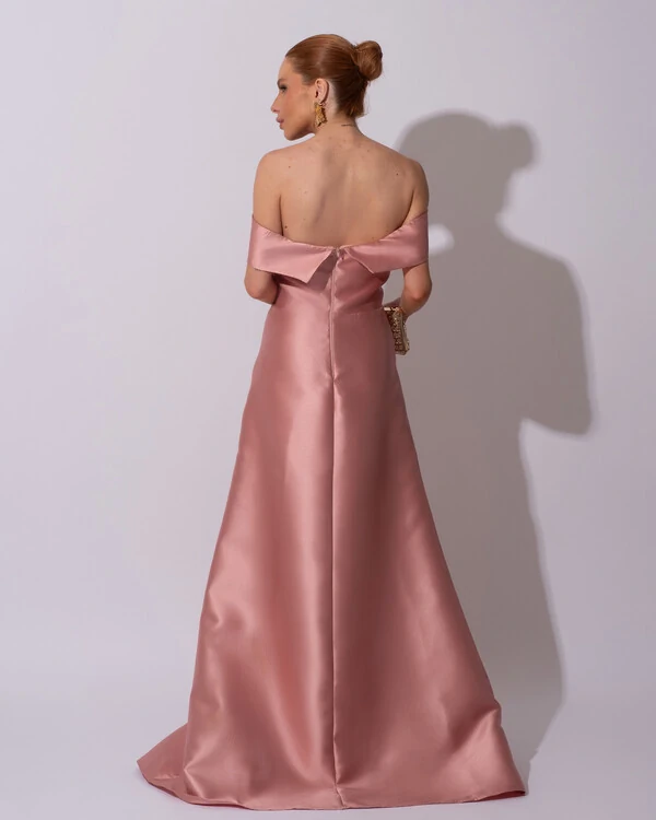 Vestido de Festa Longo Zibeline Ombro a Ombro Drapeado e Fenda Rose