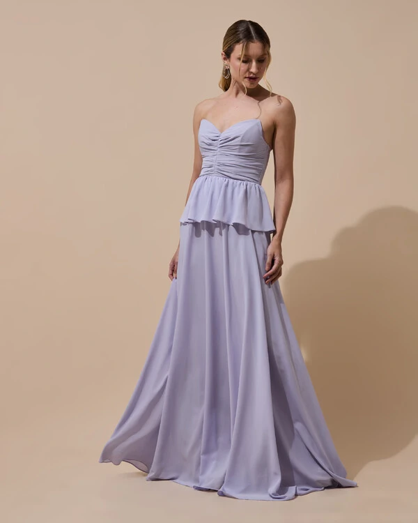 Vestido de Festa Longo Crepe Chiffon Tomara que Caia Peplum Drapeado Lilás Claro