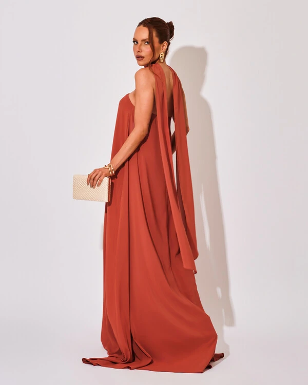 Vestido de Festa Longo Crepe Tomara que Caia com Lenço Terracota