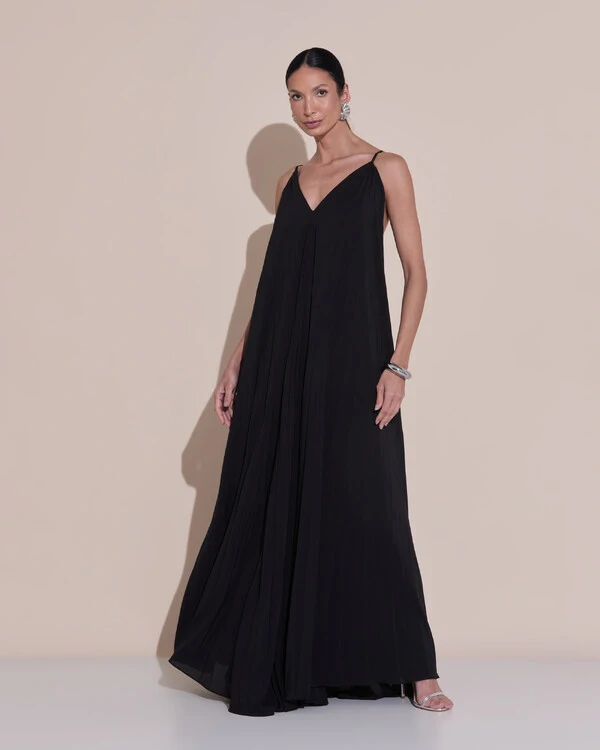 Vestido de Festa Longo Plissado Crepe Chiffon Decote V Alças Finas Preto