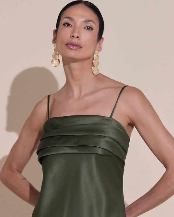 Vestido de Festa Midi Drapeado Cetim Verde Oliva