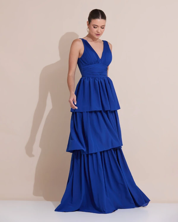 Vestido de Festa Longo Decote V Crepe Chiffon Plissado Camadas Babado Azul Royal