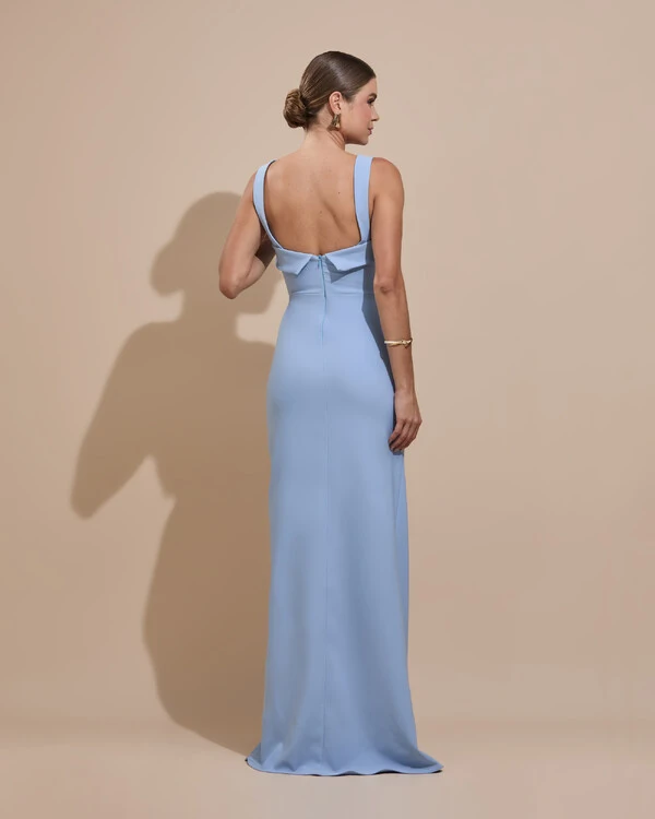 Vestido de Festa Longo Alfaiataria Decote Coração com Alças e Fenda Serenity