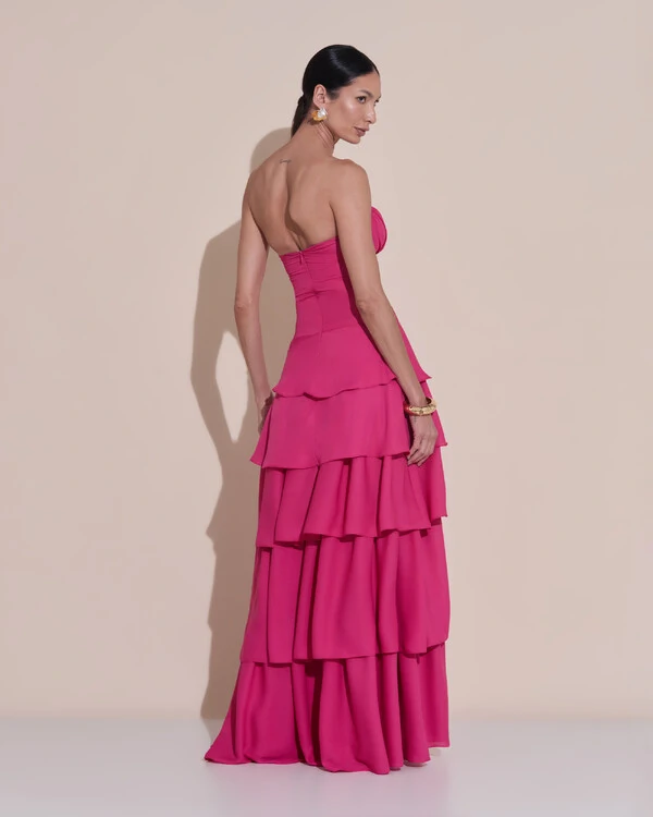 Vestido de Festa Longo Tomara que Caia Drapeado Crepe Chiffon Babados Camadas Pink Escuro