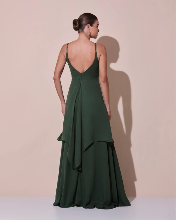 Vestido de Festa Longo Decote Coração Plissado Crepe Chiffon Babados Cascata Verde Escuro New
