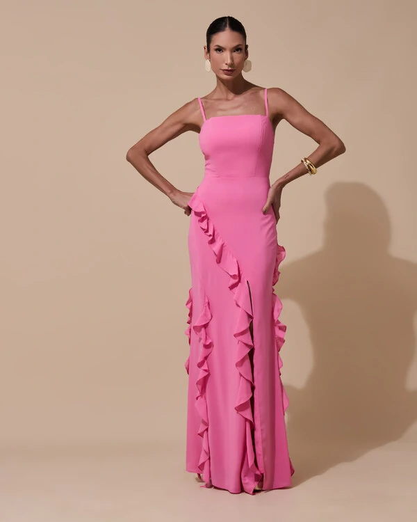 Vestido de Festa Longo Alças Finas Crepe Chiffon Babado Cascata Fenda Costas V Rosa
