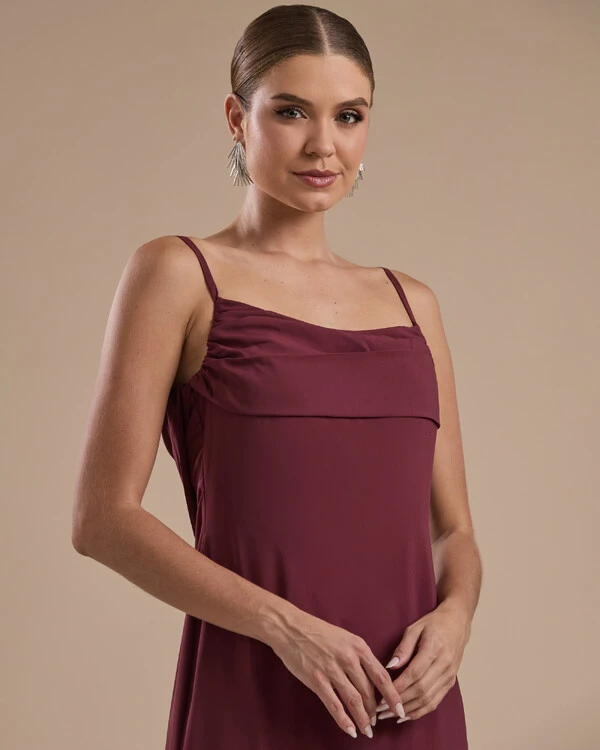 Vestido de Festa Longo Crepe Chiffon Costas Lenço Cauda Marsala