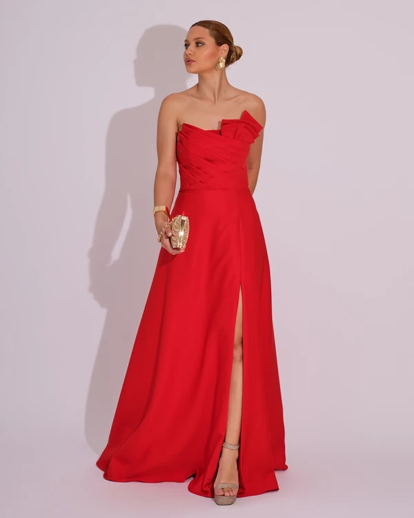 Vestido de Festa Longo Alfaiataria Tomara que Caia com Fenda Detalhe Vermelho