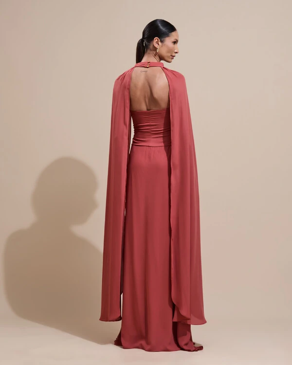 Vestido de Festa Longo Tomara Que Caia Crepe Chiffon Drapeado Capa Terracota