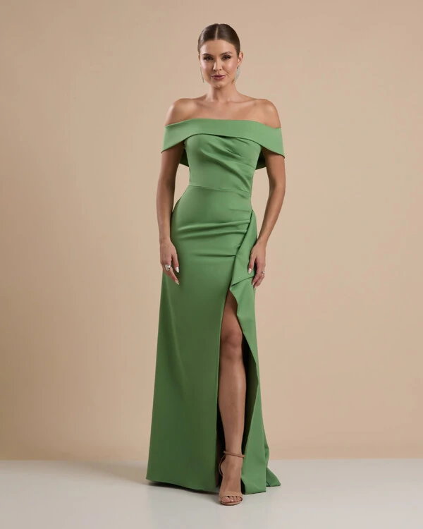 Vestido de Festa Longo Ombro a Ombro com Fenda em Alfaiataria Verde Matcha