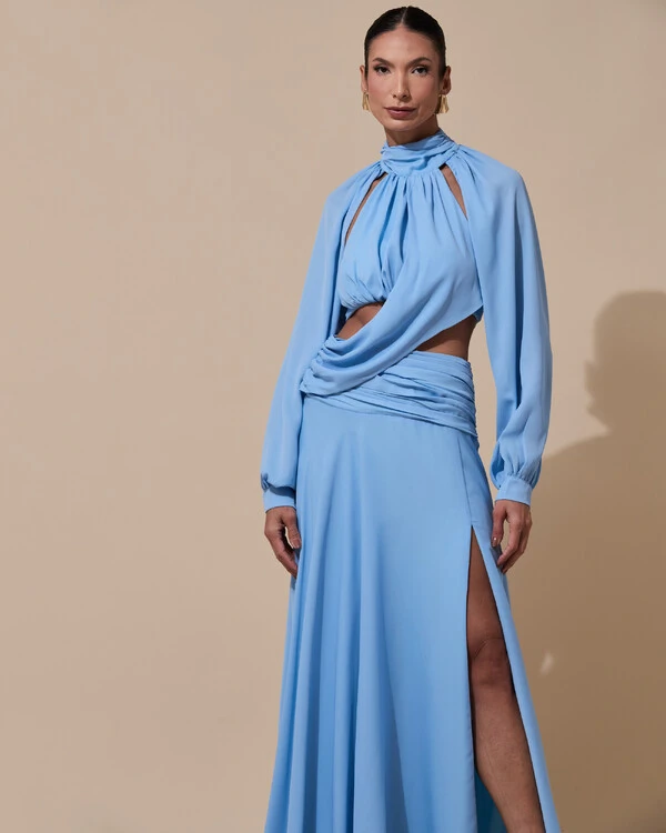 Vestido de Festa Longo Gola Alta Crepe Chiffon Recortes Drapeado Manga Longa Fenda Serenity