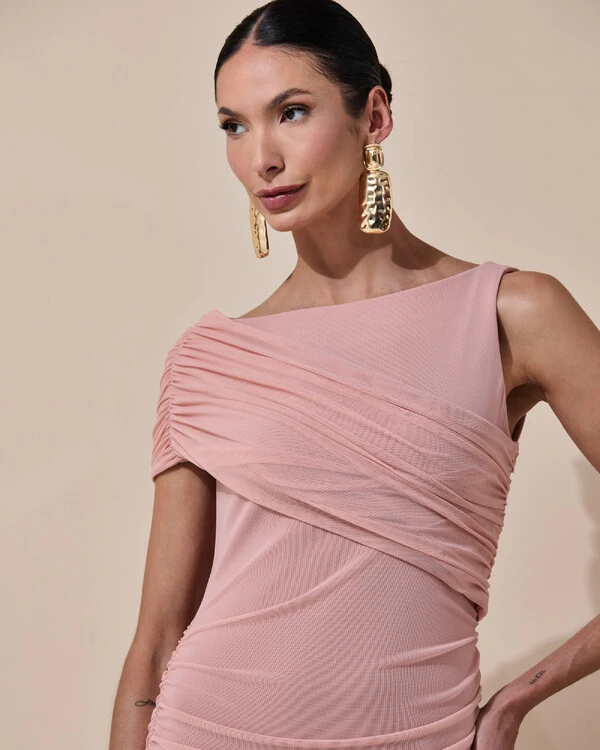 Vestido de Festa Longo Tule Faixa Detalhe Drapeado Rose