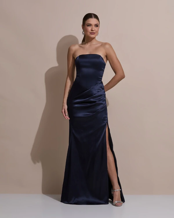 Vestido De Festa Longo Tomara Que Caia Drapeado Cetim Alfaiataria Trançado Costas Azul Marinho Escur