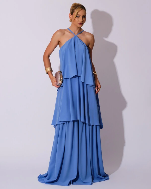 Vestido Longo Babado em Camadas Azul Atlantis
