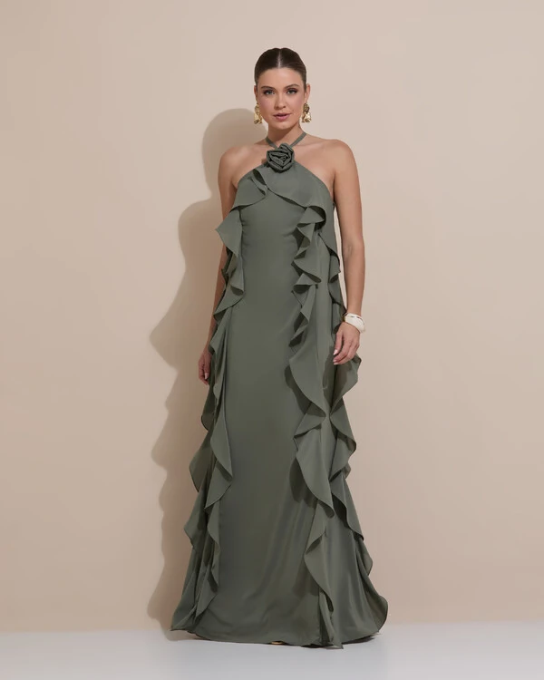 Vestido de Festa Longo Crepe Chiffon Frente Única Babados Cascata e Flor Verde Oliva