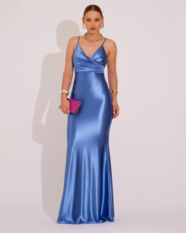Vestido de Festa Longo Malha Cetim Busto Drapeado Saia Sereia Azul