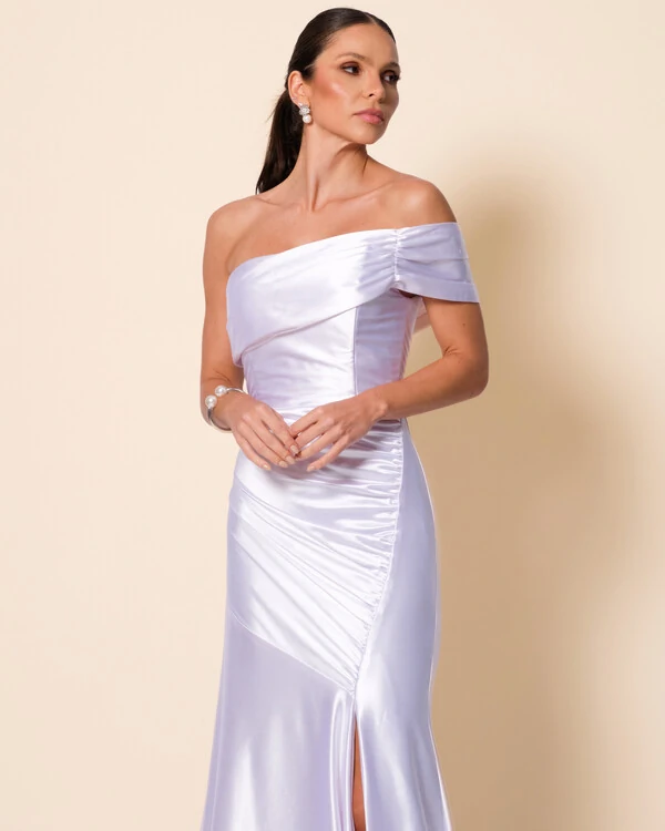 Vestido de Festa Longo Cetim Malha Metálico Ombro a Ombro Branco