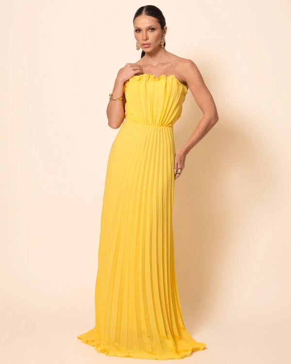 Vestido de Festa Longo Tomara que Caia Plissado Detalhe Amarelo