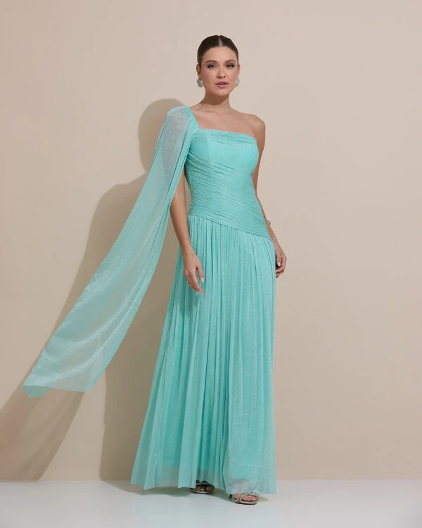 Vestido de Festa Longo Um ombro Só Tule Brilho Drapeado Capa Tiffany