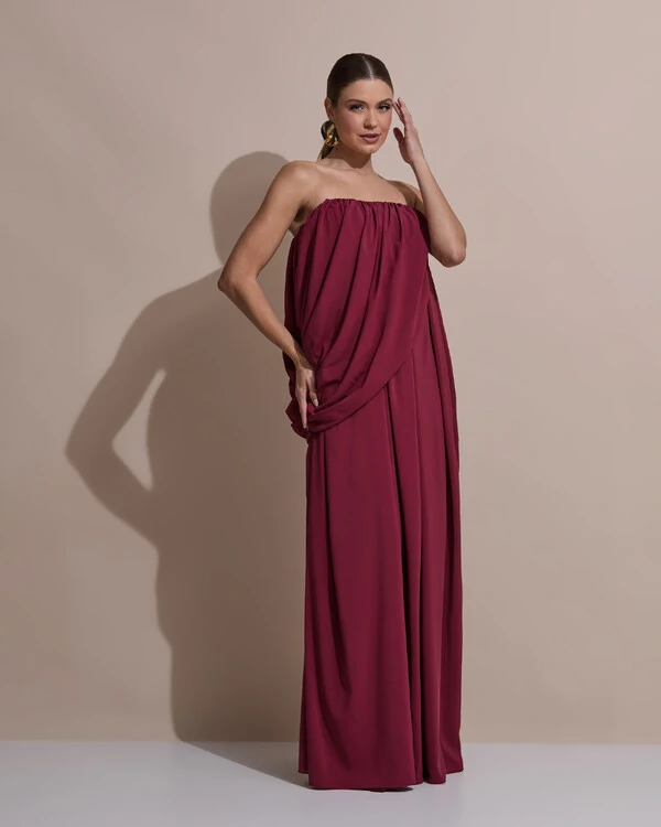 Vestido de Festa Longo Tomara Que Caia Crepe Chiffon Drapeado Marsala New