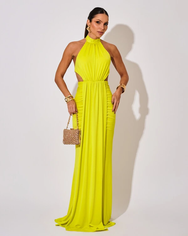 Vestido de Festa Longo Malha Jersey Gola Alta Saia Sereia Verde Lima