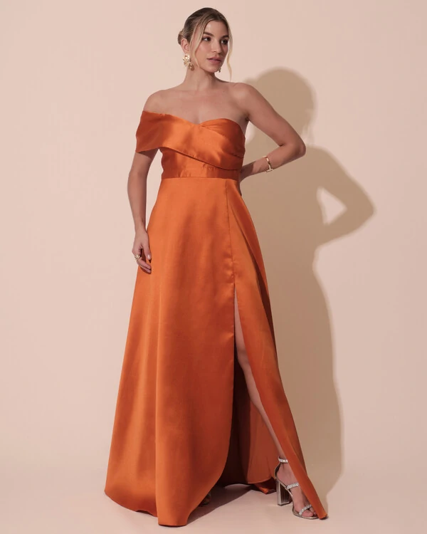 Vestido de Festa longo Faixa Ombro e Fenda Zibeline Terracota