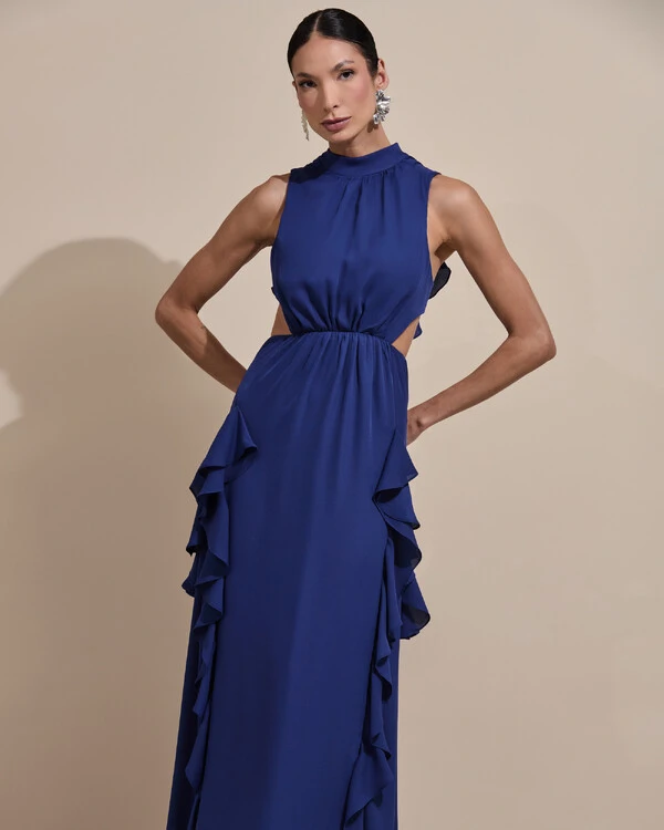 Vestido de Festa Longo Gola Alta Crepe Chiffon Recortes Babados Cascata Azul Marinho