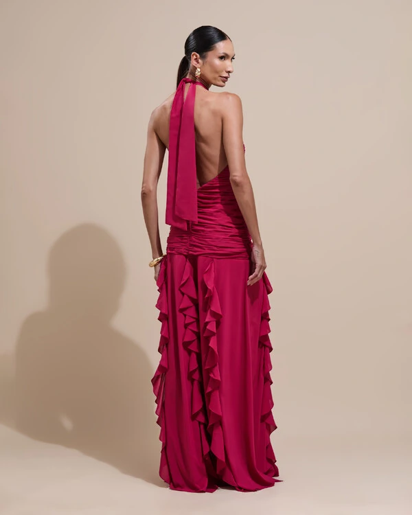 Vestido de Festa Longo Frente Única Crepe Chiffon Drapeado Babados Cascata Cereja