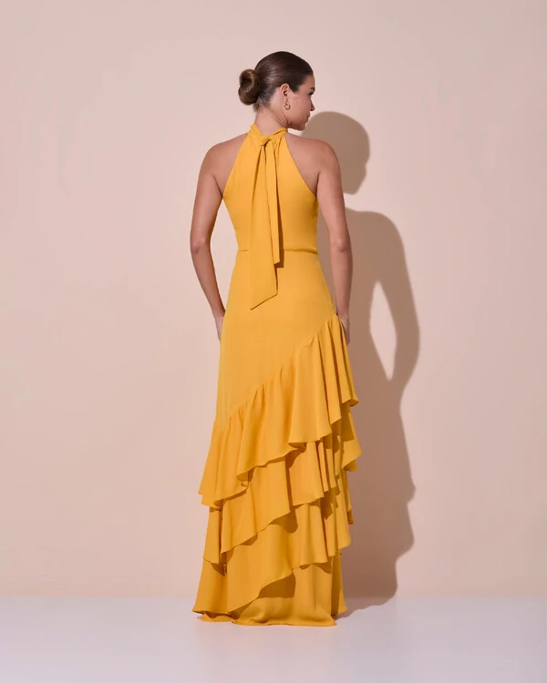 Vestido de Festa Longo Chiffon Crepe Gola Alta Babados Laranja Manga New