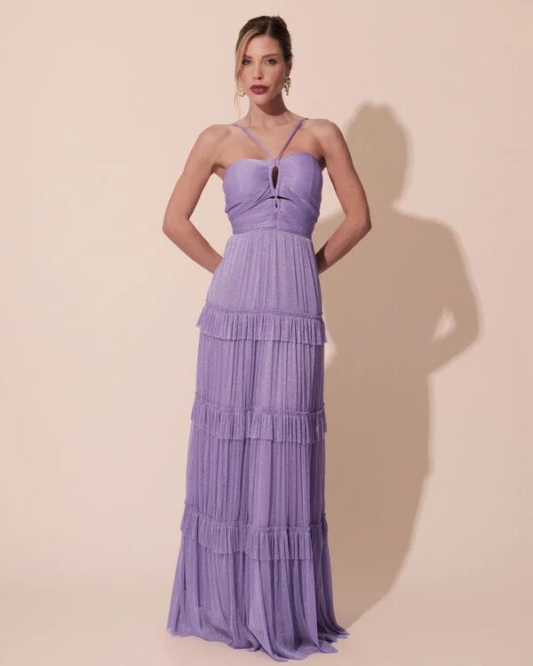 Vestido de Festa Longo Tule com Saia Babado Lilás