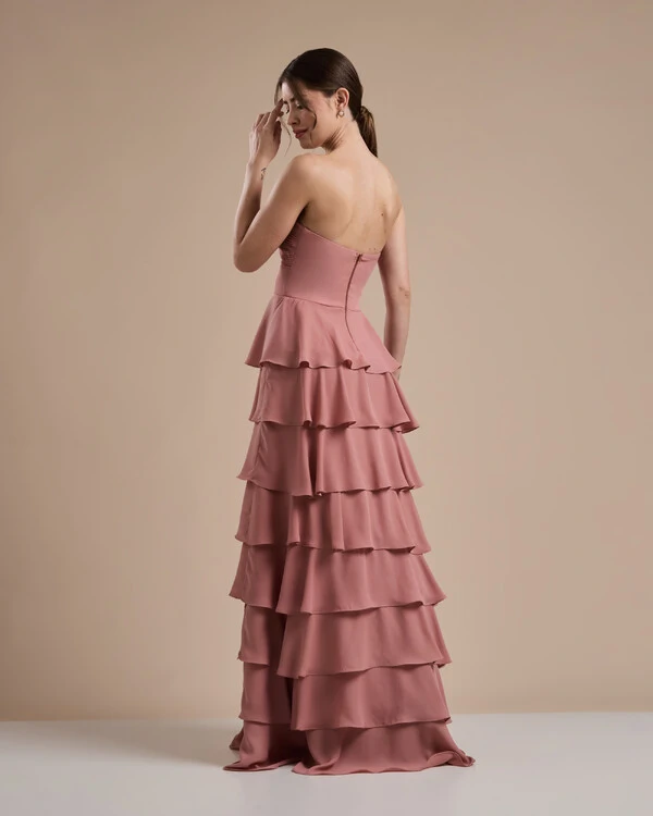 Vestido Longo Crepe Chiffon Tomara que Caia Plissado em Camadas Rose