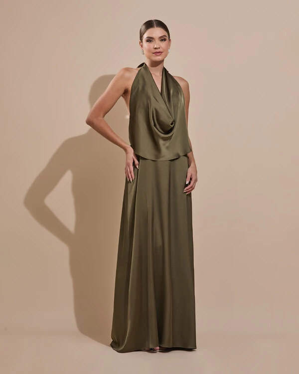 Vestido de Festa Longo Cetim Fluido Frente Única Degagê Mil Formas Verde Oliva