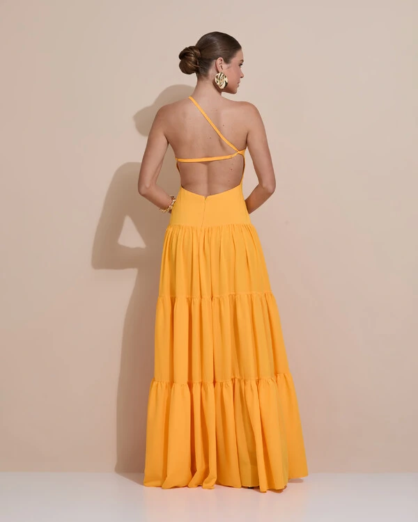 Vestido de Festa Longo Um ombro Só Crepe Chiffon Saia Fluida Laranja Manga New