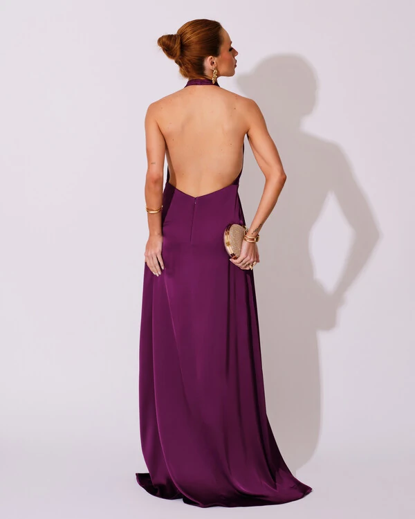 Vestido de Festa Longo Frente Única Degagê Cetim Fluido Roxo