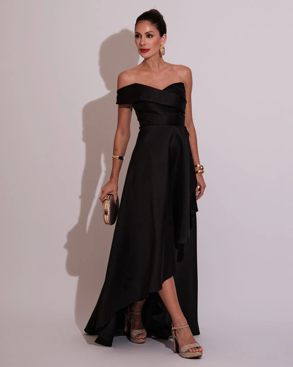 Vestido de Festa Longo Zibeline um Ombro Só Mullet Preto