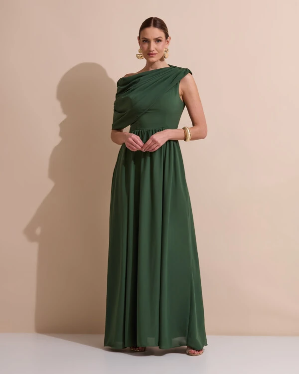 Vestido de Festa Longo Um Ombro Só Crepe Chiffon Capa Drapeado Verde Militar