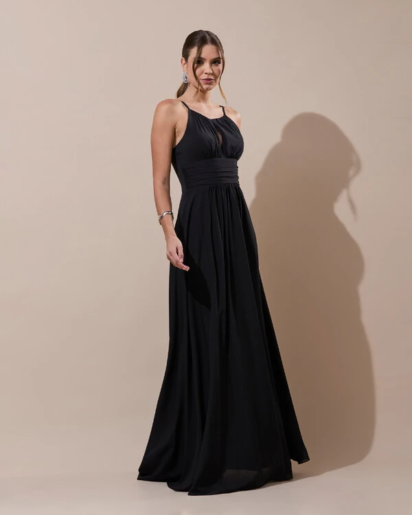 Vestido de Festa Longo Crepe Chiffon Drapeado com Alças e Saia Fluida Preto