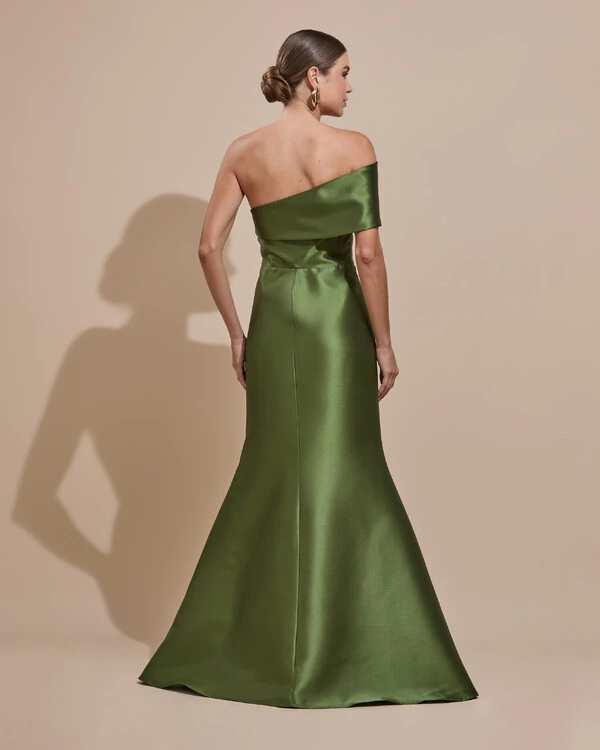 Vestido de Festa Zibeline com Faixa Ombro a Ombro Verde Oliva