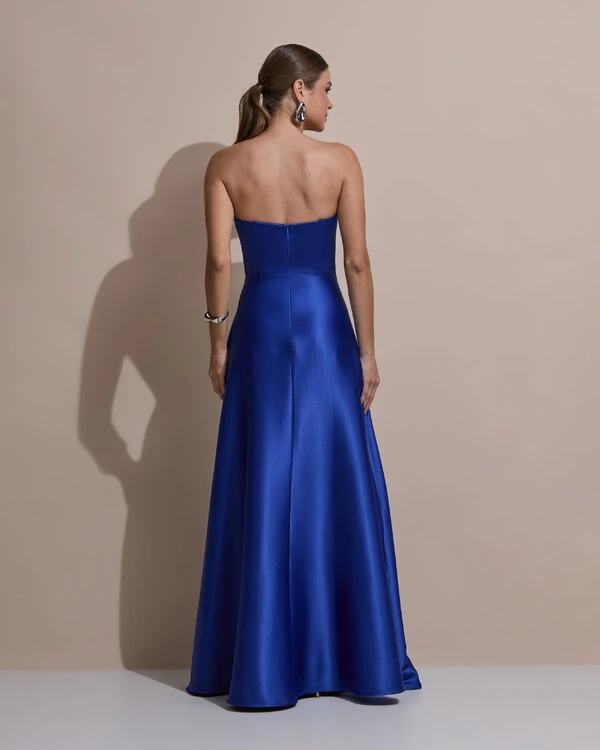 Vestido de Festa Longo Tomara que Caia Cetim Decote Coração Drapeado Azul Royal