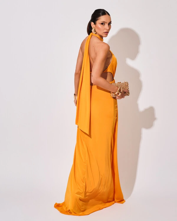 Vestido de Festa Longo Malha Jersey Gola Alta Saia Sereia Laranja Manga