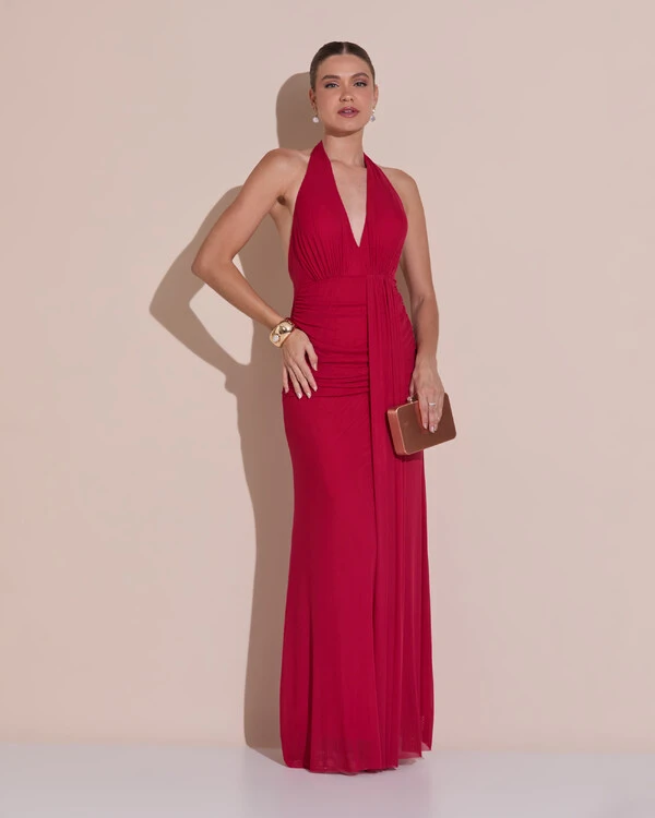 Vestido de Festa Longo Frente Única Decote V Tule Drapeado Faixa Cereja
