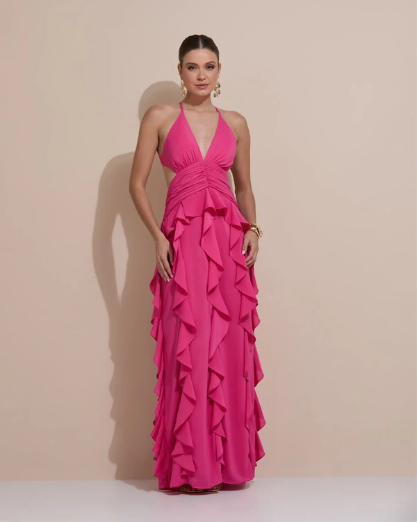 Vestido de Festa Longo Decote V Recortes Drapeado Crepe Chiffon Babados Cascata Pink New