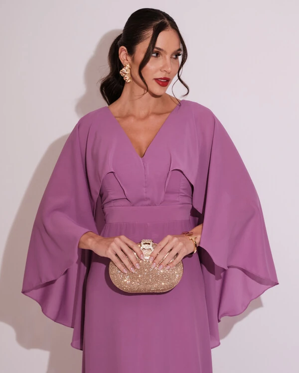 Vestido Longo com Capa Crepe Fucsia