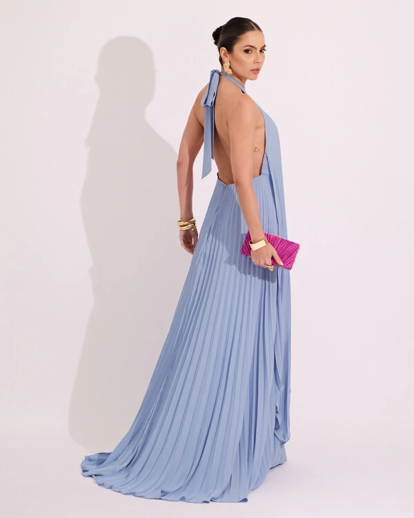 Vestidos de Festa Longo Chiffon Fluido Frente Única Plissado Duplo Serenity