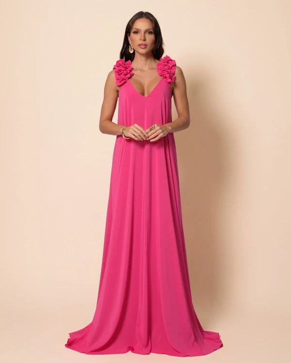 Vestido de Festa Longo Crepe Chiffon Fluido Decote em V Flores Pink