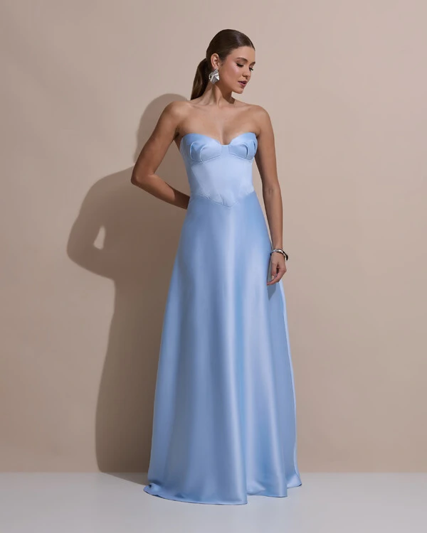 Vestido de Festa Longo Tomara que Caia Decote Coração Cetim Cruzado Costas Serenity